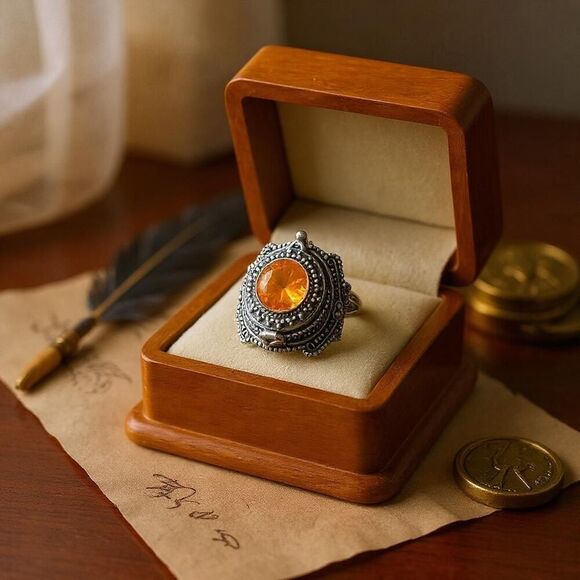 Faceted Citrine Gemstone Poison Locket Box Ring Sterling Silver Sz 9 - Picture 4 of 10